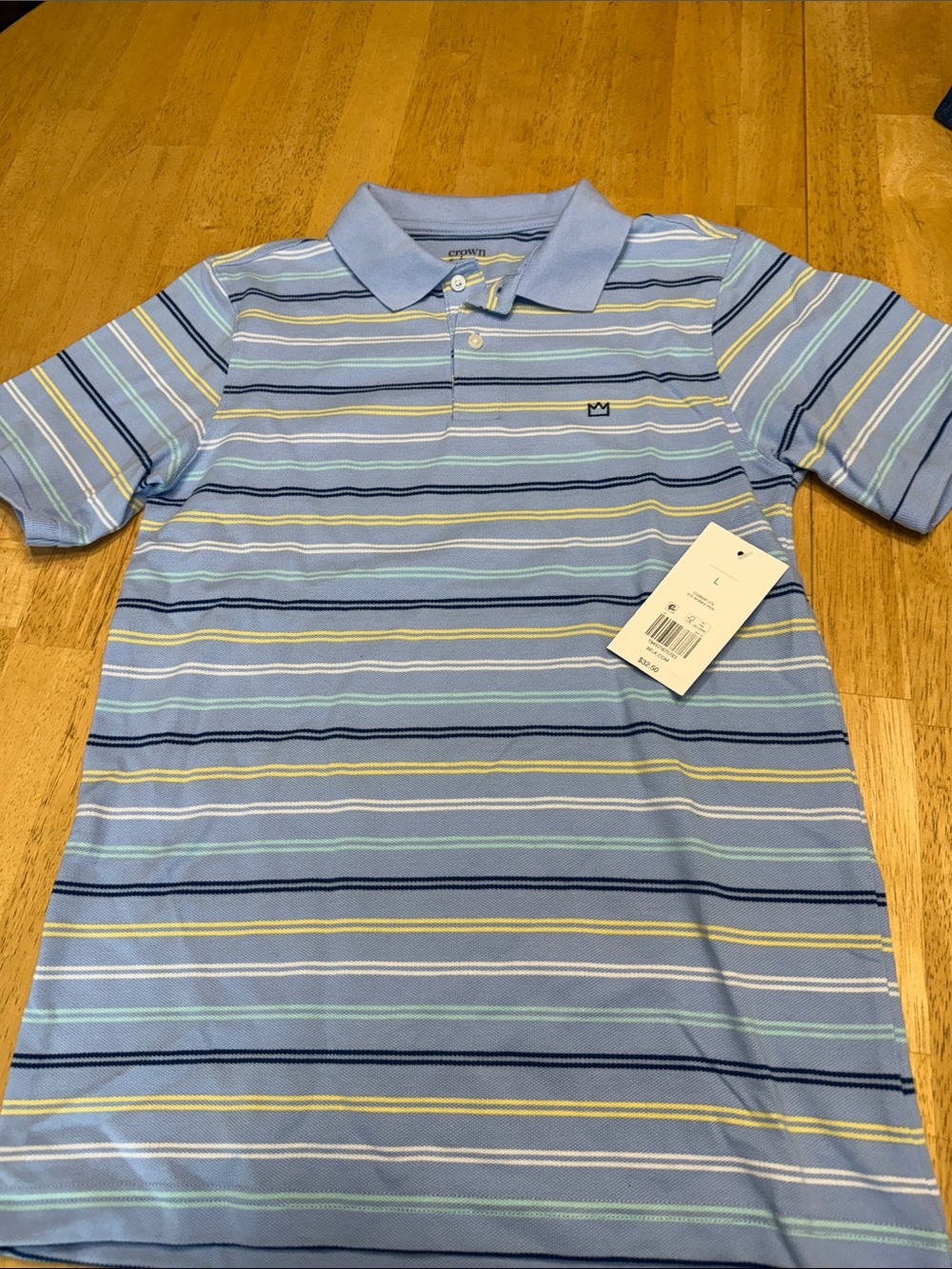 crown & ivy Light Blue Striped Polo with Navy and Yellow Accents